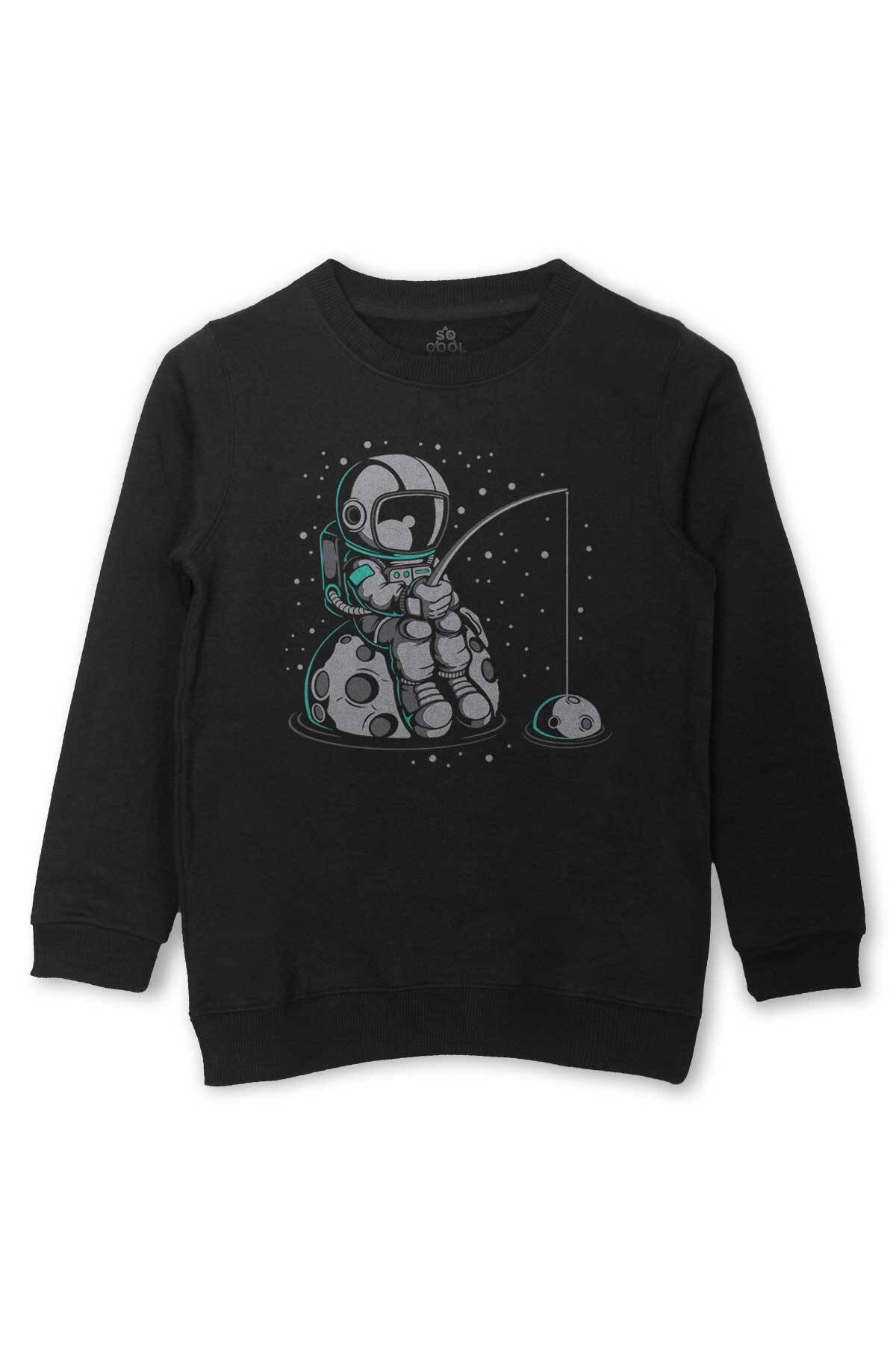 Uzayda Olta Atan Astronot Cosmos Uzay Gezegen Baskılı Çocuk Sweatshirt Siyah Sweat - 1