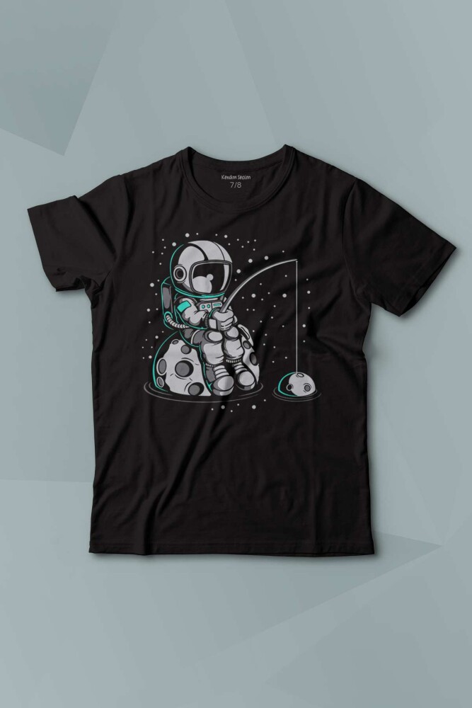 Uzayda Olta Atan Astronot Cosmos Uzay Gezegen Baskılı Çocuk Tişört Kısa Kollu - KENDİM SEÇTİM