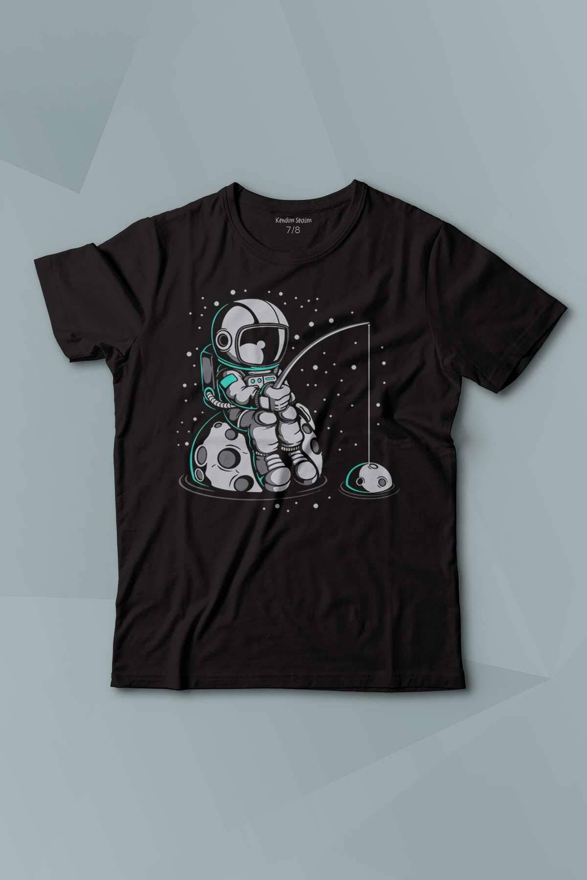 Uzayda Olta Atan Astronot Cosmos Uzay Gezegen Baskılı Çocuk Tişört Kısa Kollu - 1