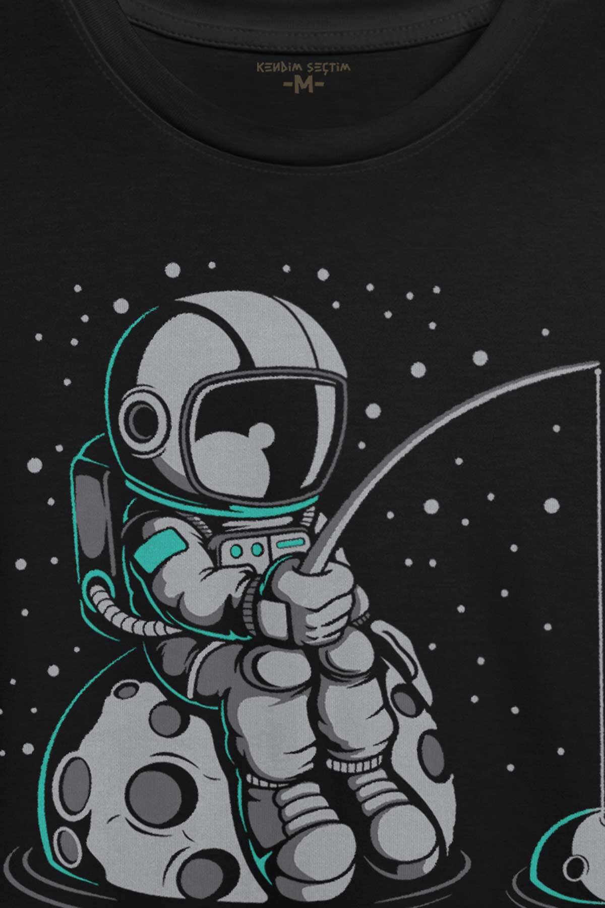Uzayda Olta Atan Astronot Cosmos Uzay Gezegen Baskılı Tişört Unisex T-shirt (1)