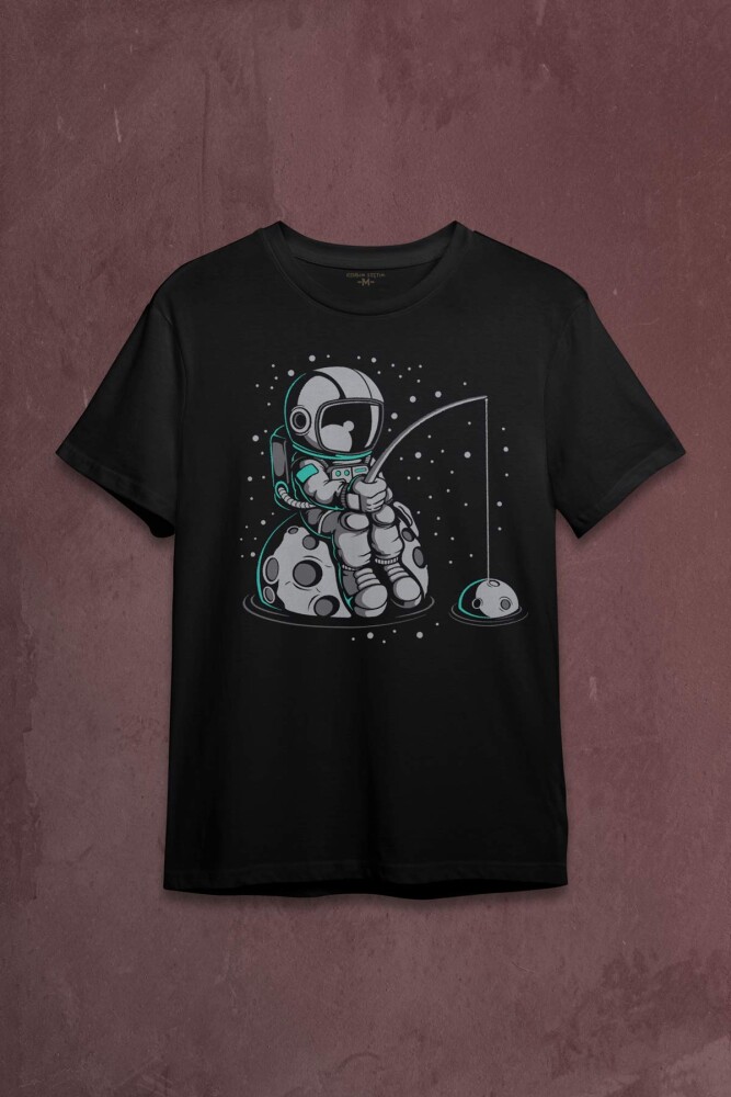 Uzayda Olta Atan Astronot Cosmos Uzay Gezegen Baskılı Tişört Unisex T-shirt - 1