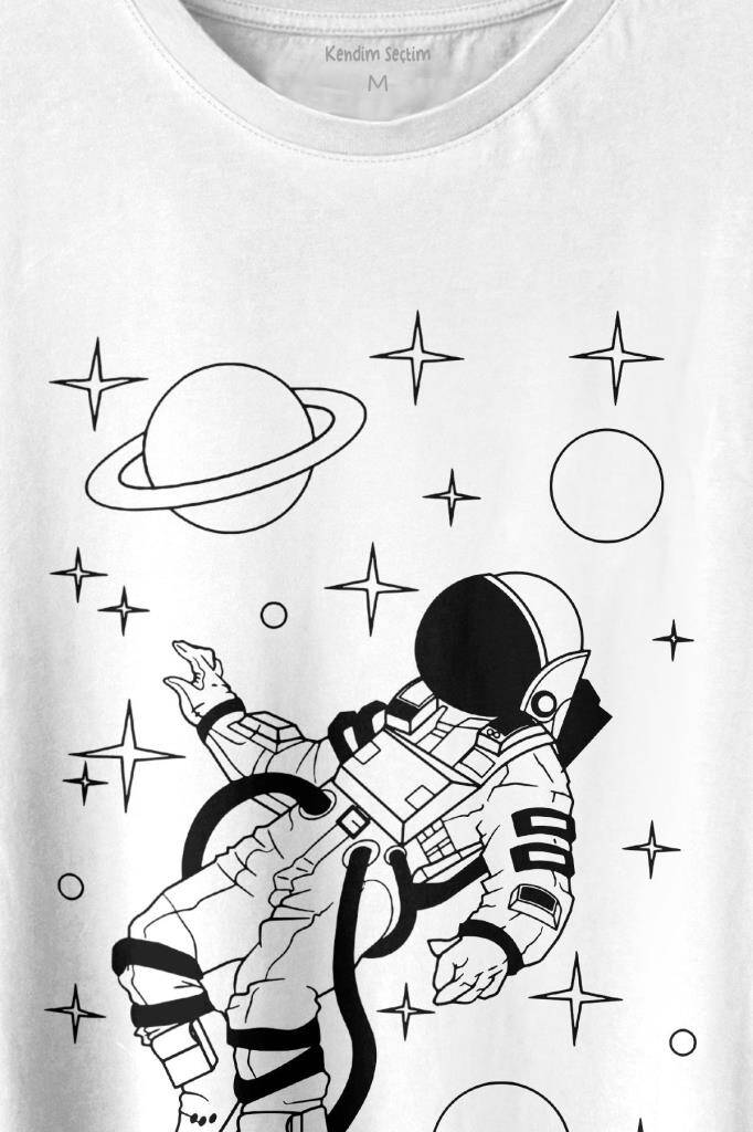 Uzayda Salınan Astronot Silüeti Satürn Gezegeni Baskılı Tişört Unisex T-shirt (1)