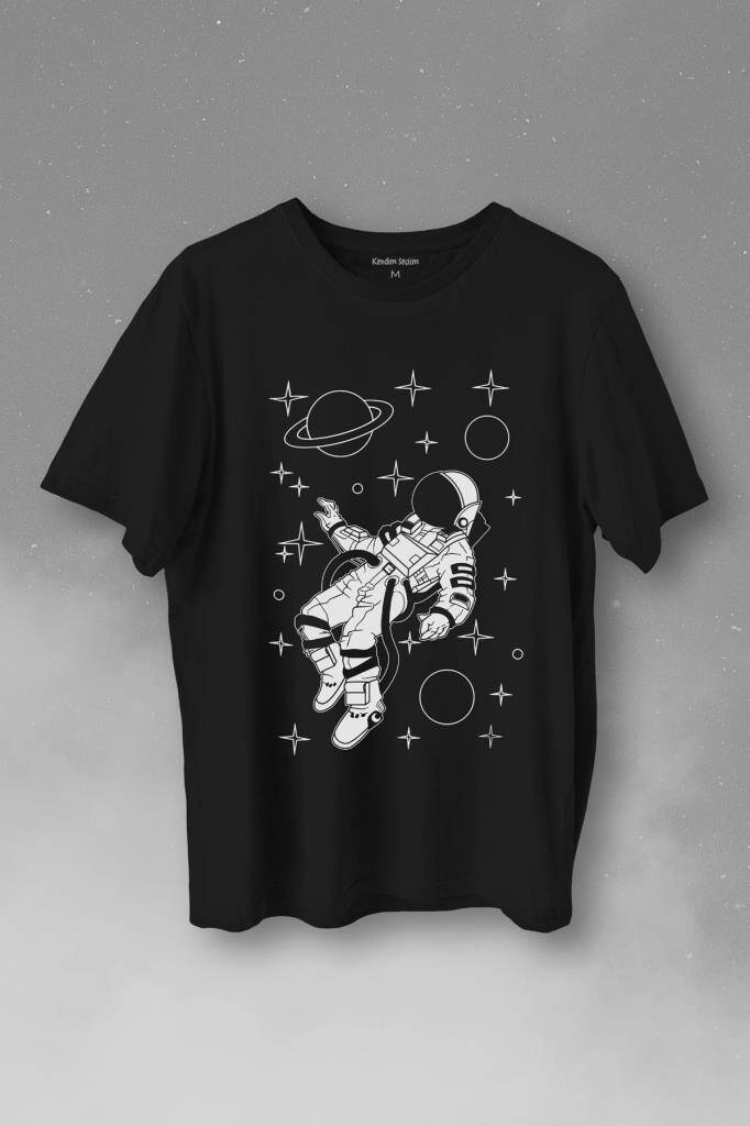 Uzayda SAlinan Astronot Silüeti Satürn Gezegeni Baskılı Tişört Unisex T-Shirt - 1