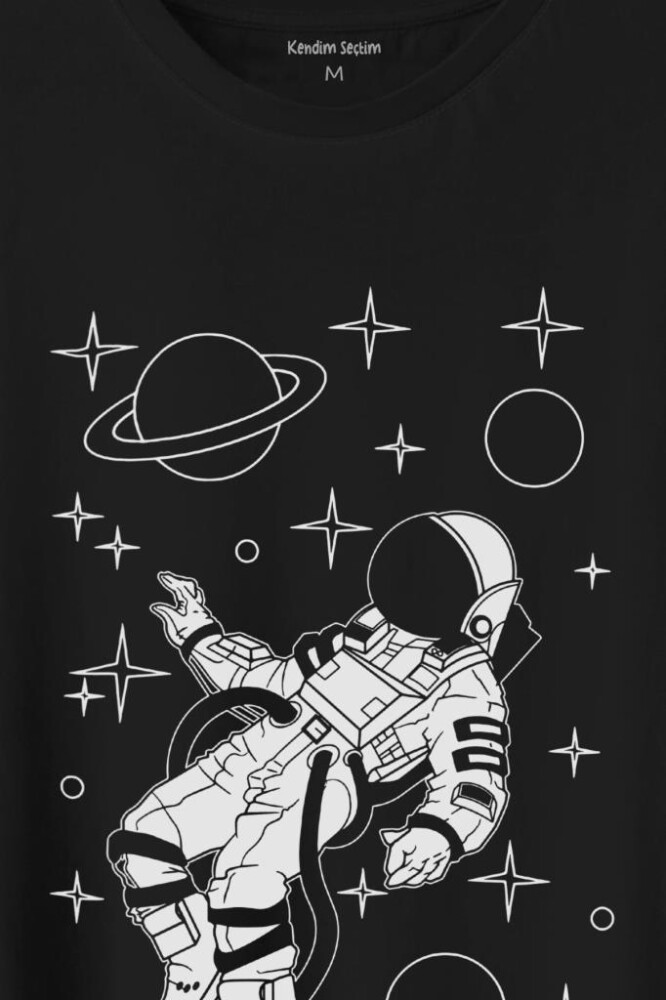 Uzayda SAlinan Astronot Silüeti Satürn Gezegeni Baskılı Tişört Unisex T-Shirt - 2