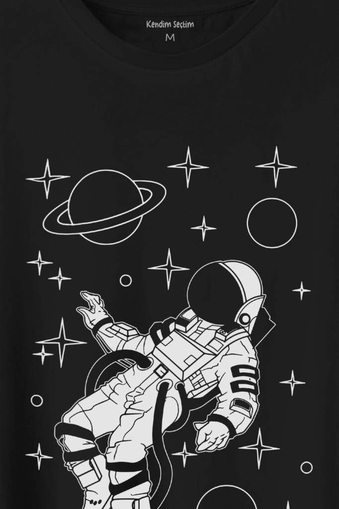 Uzayda SAlinan Astronot Silüeti Satürn Gezegeni Baskılı Tişört Unisex T-Shirt - 2