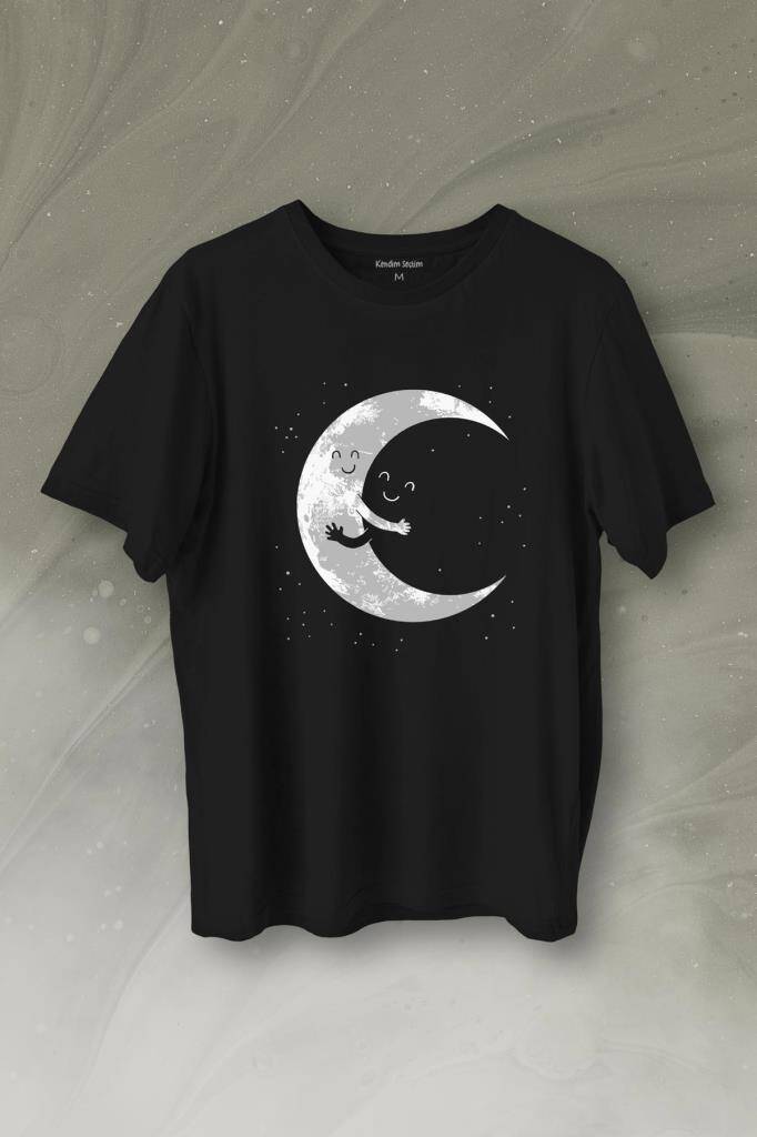 Uzayda Sarılan Ay Aşık Smile Cosmos Gülümsemesi Baskılı Tişört Unisex T-Shirt - 1