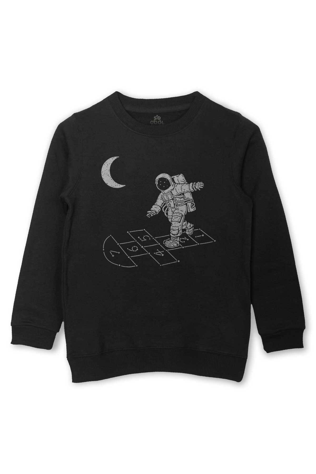 Uzayda Sek Sek Oyun Seksek Astronot Cosmos Baskılı Çocuk Sweatshirt Siyah Sweat - 1