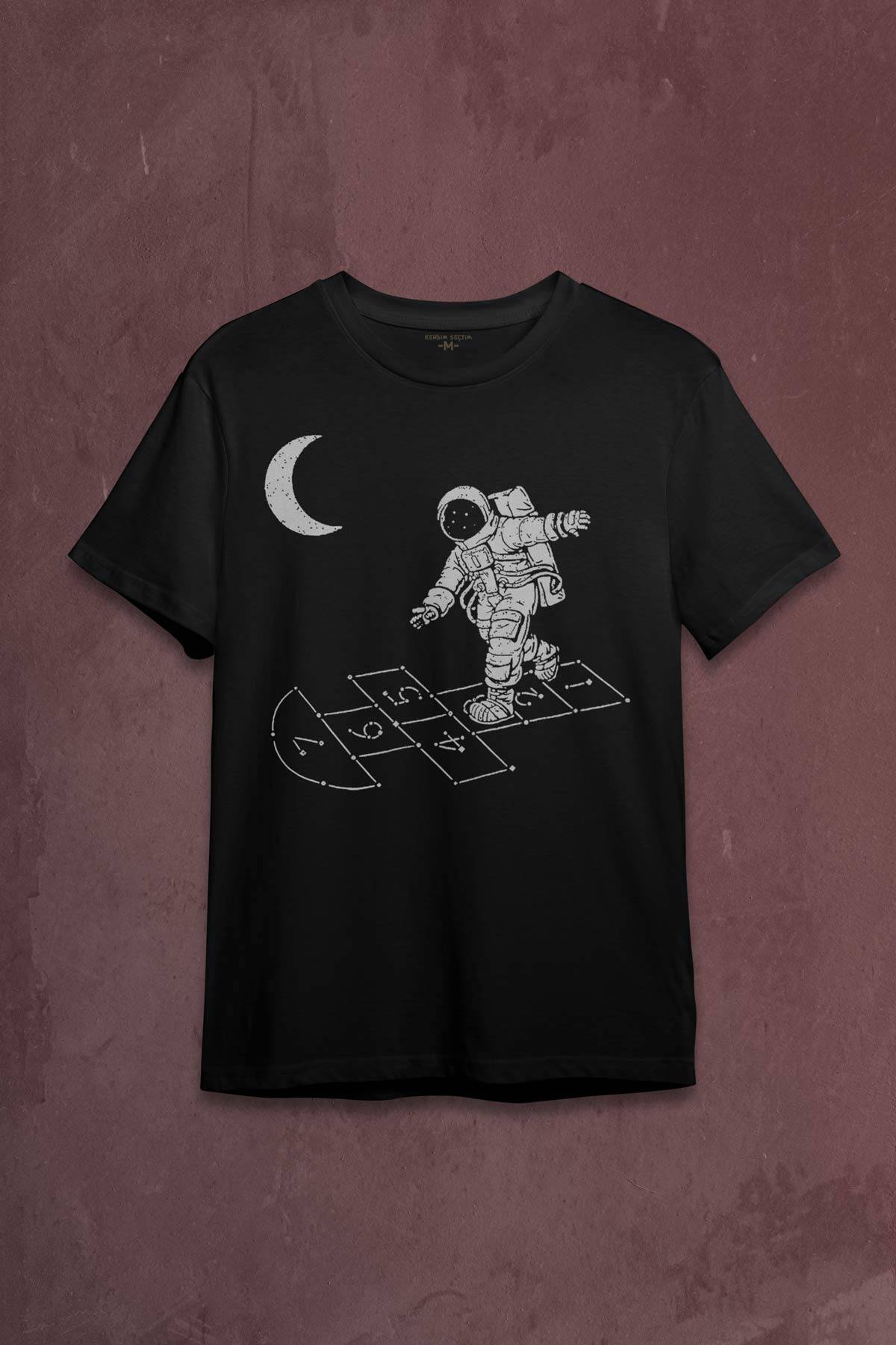 Uzayda Sek Sek Oyun Seksek Astronot Cosmos Baskılı Tişört Unisex T-shirt - 1
