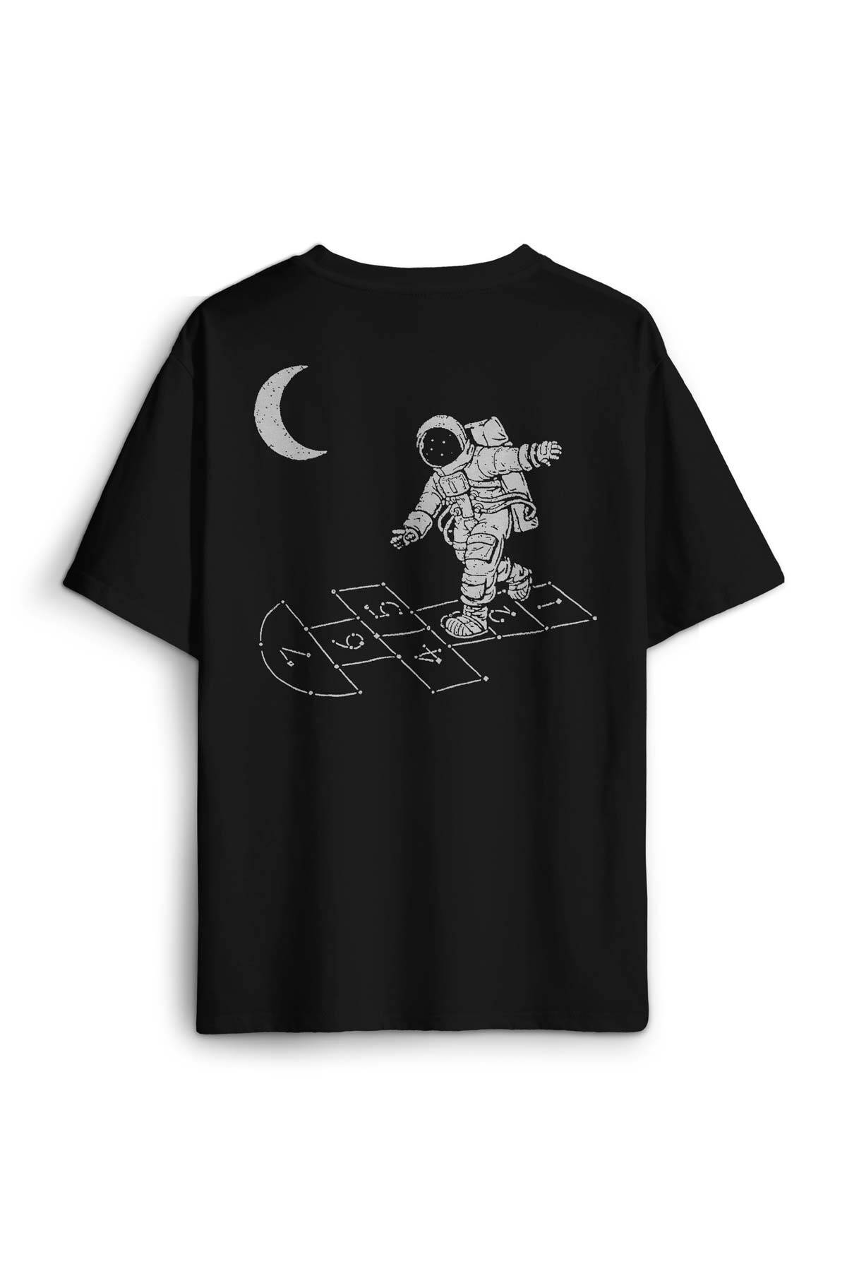Uzayda Sek Sek Oyun Seksek Astronot Cosmos Sırt Ön Baskılı Oversize Tişört Unisex T-Shirt