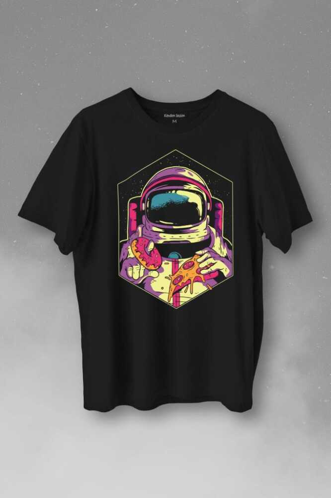 Uzayda Yemek Donut Pizza Yiyen Astronot Cosmos Baskılı Tişört Unisex T-Shirt - 1