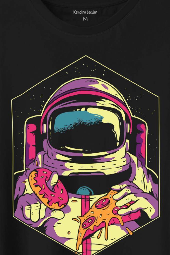 Uzayda Yemek Donut Pizza Yiyen Astronot Cosmos Baskılı Tişört Unisex T-Shirt (1)