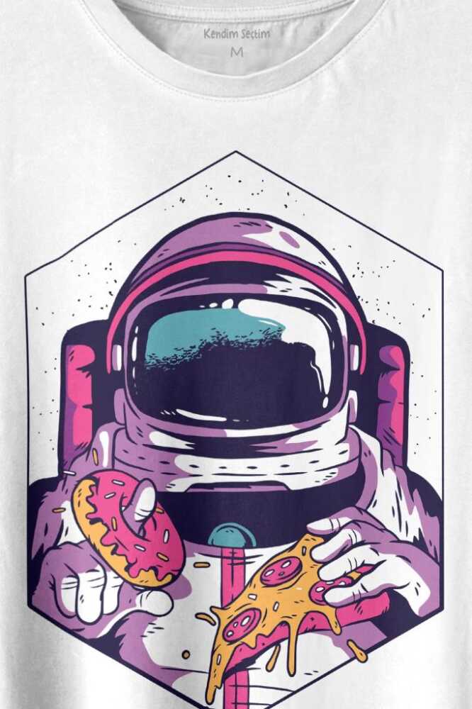 Uzayda Yemek Donut Pizza Yiyen Astronot Cosmos Baskılı Tişört Unisex T-shirt - 2