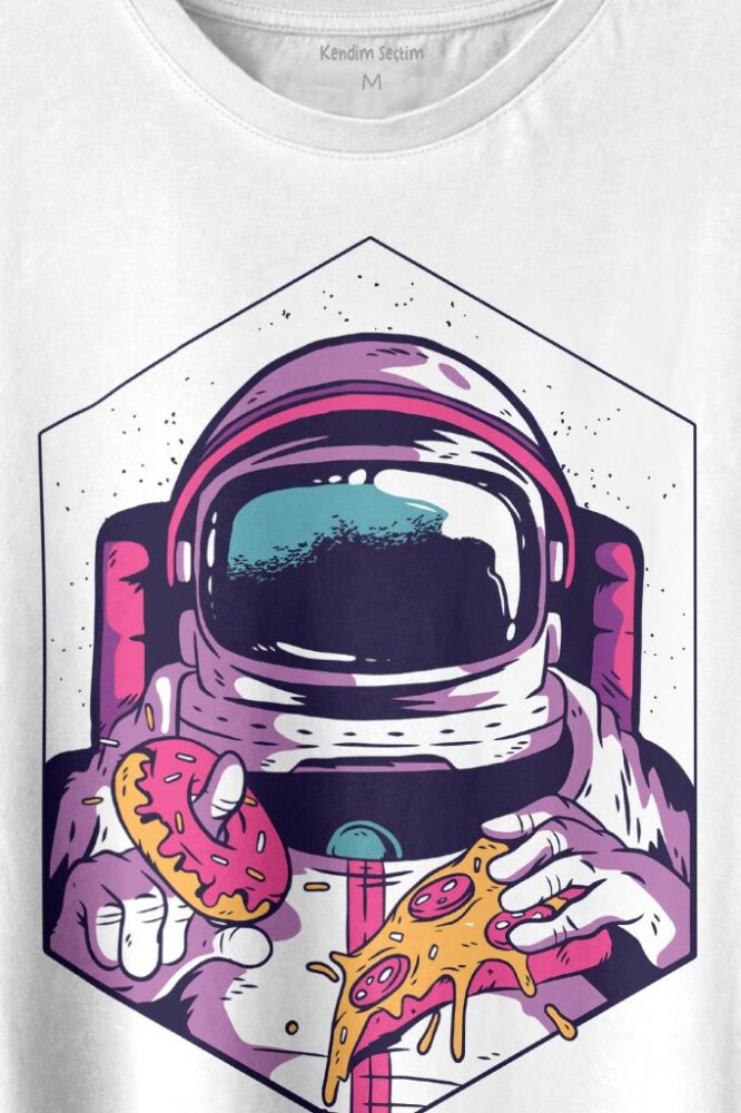 Uzayda Yemek Donut Pizza Yiyen Astronot Cosmos Baskılı Tişört Unisex T-shirt (1)