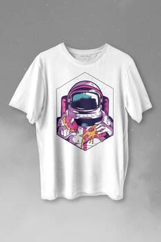 Uzayda Yemek Donut Pizza Yiyen Astronot Cosmos Baskılı Tişört Unisex T-shirt - 1