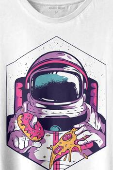 Uzayda Yemek Donut Pizza Yiyen Astronot Cosmos Baskılı Tişört Unisex T-shirt - 2