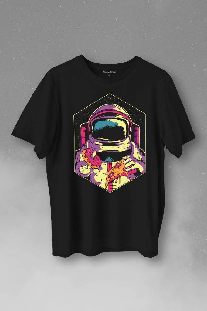 Uzayda Yemek Donut Pizza Yiyen Astronot Cosmos Baskılı Tişört Unisex T-Shirt