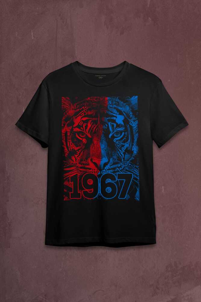 Vahşi Kaplan Kafası Bordo Mavi Trabzon Tiger Baskılı Tişört Unisex T-shirt - 1
