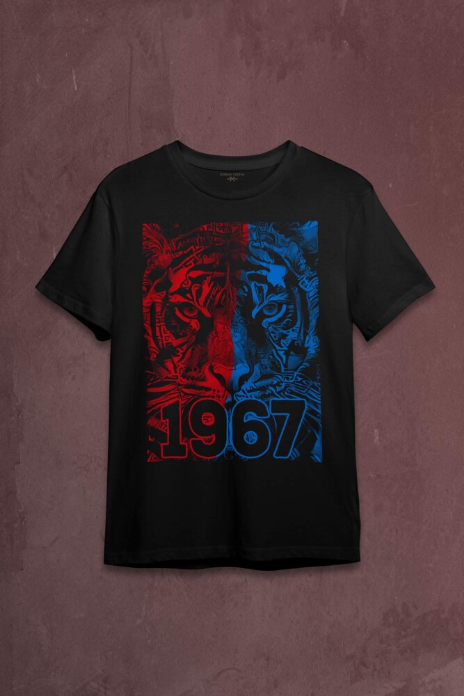 Vahşi Kaplan Kafası Bordo Mavi Trabzon Tiger Baskılı Tişört Unisex T-shirt