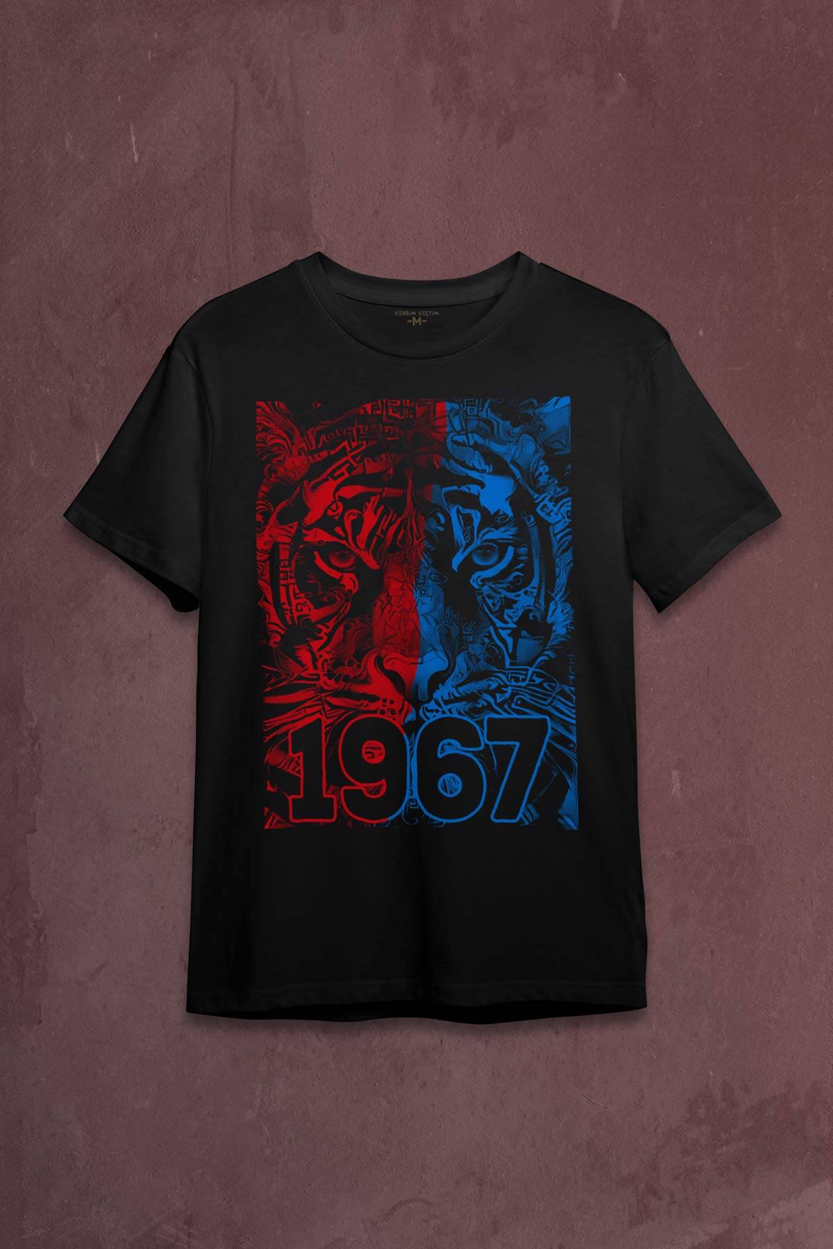 Vahşi Kaplan Kafası Bordo Mavi Trabzon Tiger Baskılı Tişört Unisex T-shirt - 1