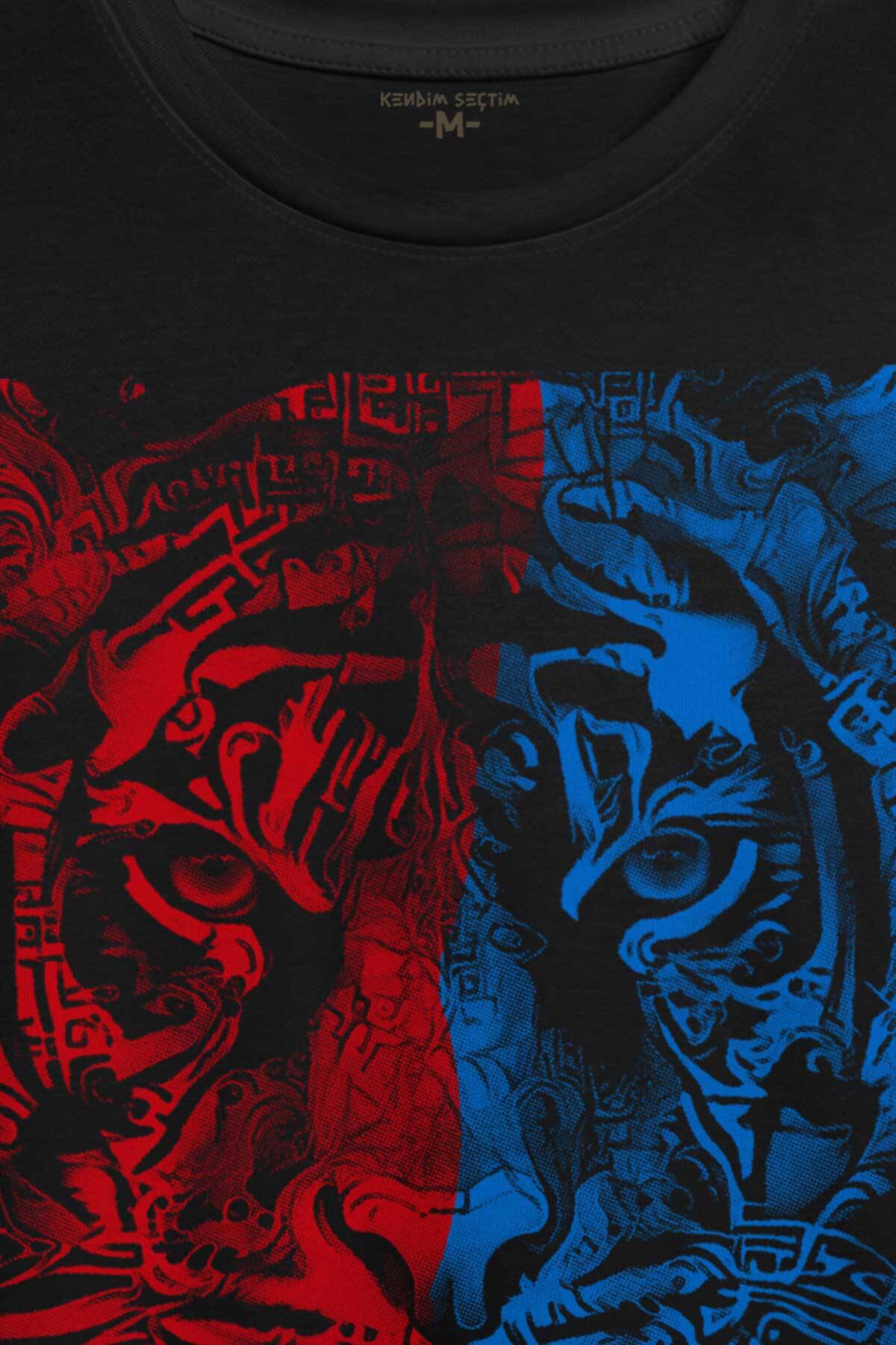 Vahşi Kaplan Kafası Bordo Mavi Trabzon Tiger Baskılı Tişört Unisex T-shirt - 2