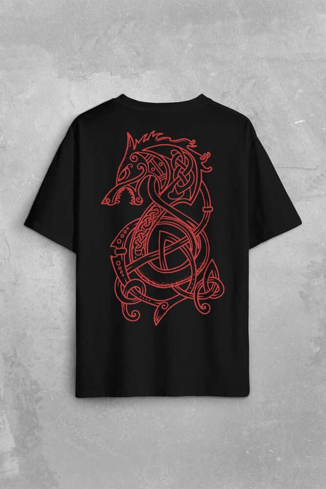 Viking Fenrir Wolf Vikings Kurt Kafa Street Urban Sırt Ön Baskılı Oversize Tişört Unisex T-Shirt - 1