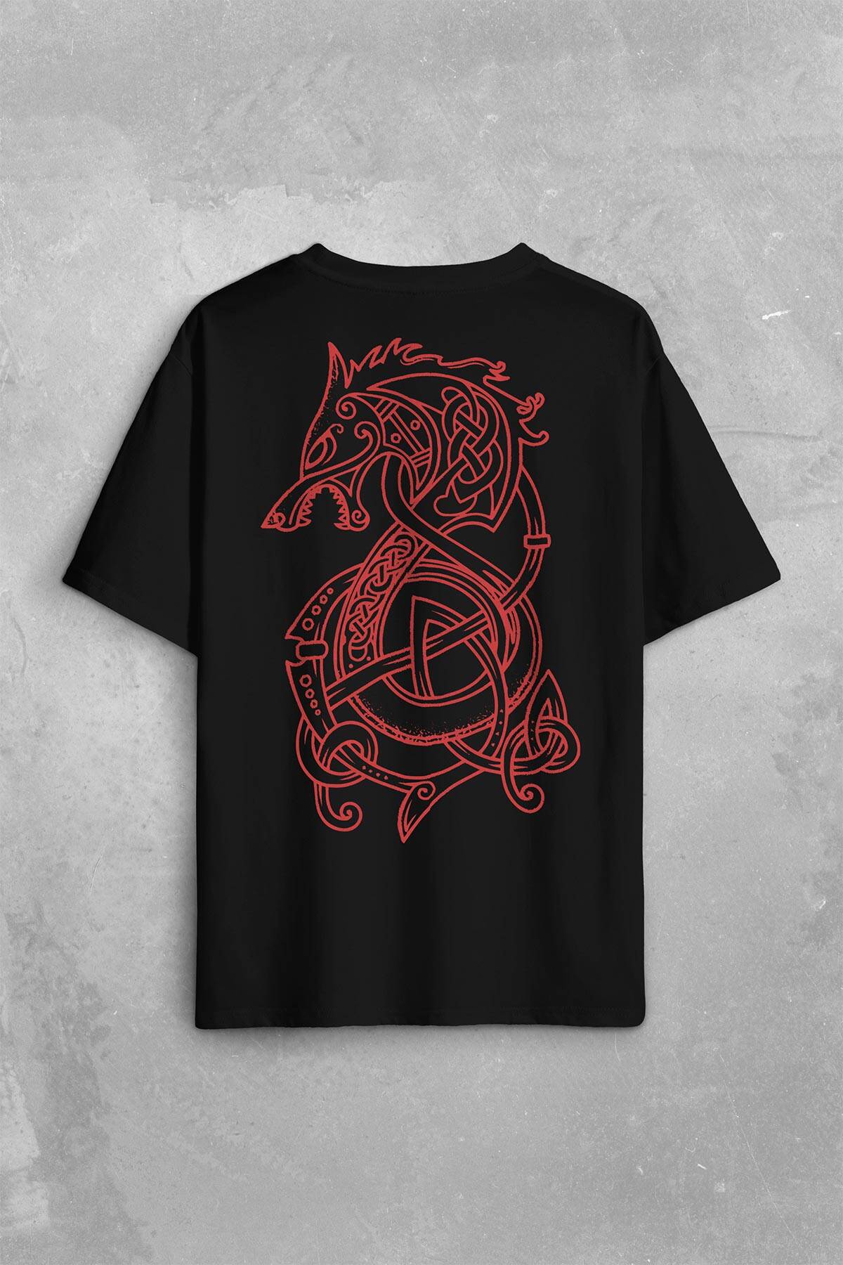 Viking Fenrir Wolf Vikings Kurt Kafa Street Urban Sırt Ön Baskılı Oversize Tişört Unisex T-Shirt - 1