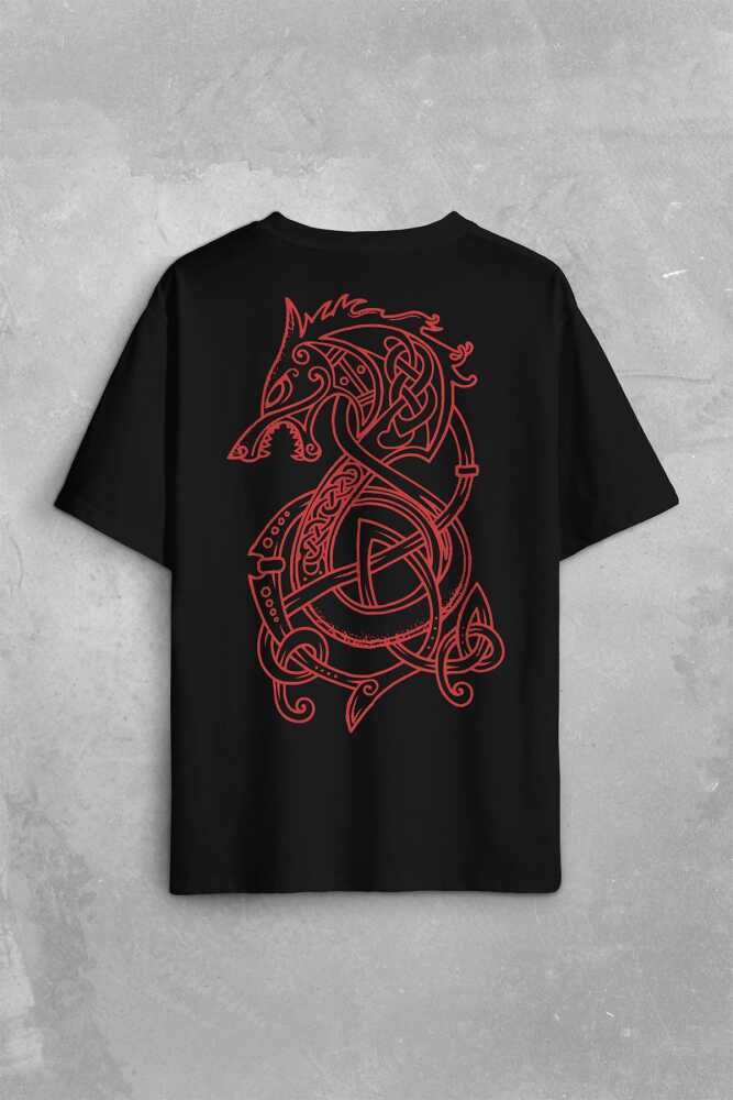 Viking Fenrir Wolf Vikings Kurt Kafa Street Urban Sırt Ön Baskılı Oversize Tişört Unisex T-Shirt - 1