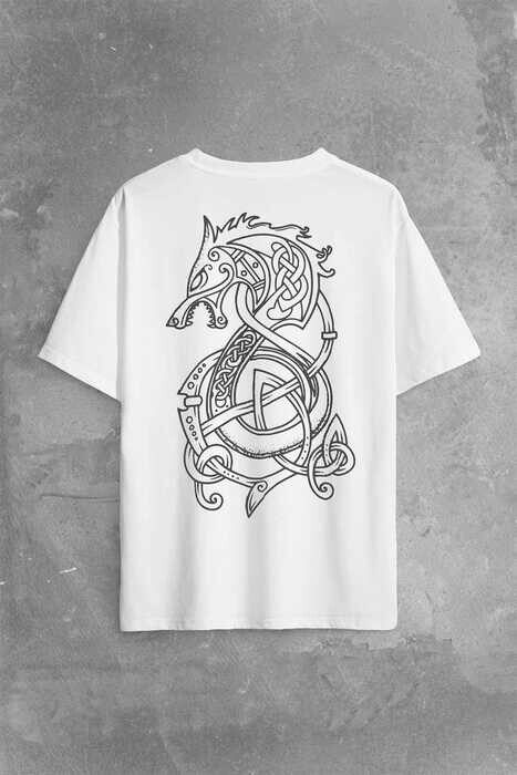 Viking Fenrir Wolf Vikings Kurt Kafa Street Urban Sırt Ön Baskılı Oversize Tişört Unisex T-Shirt - 1