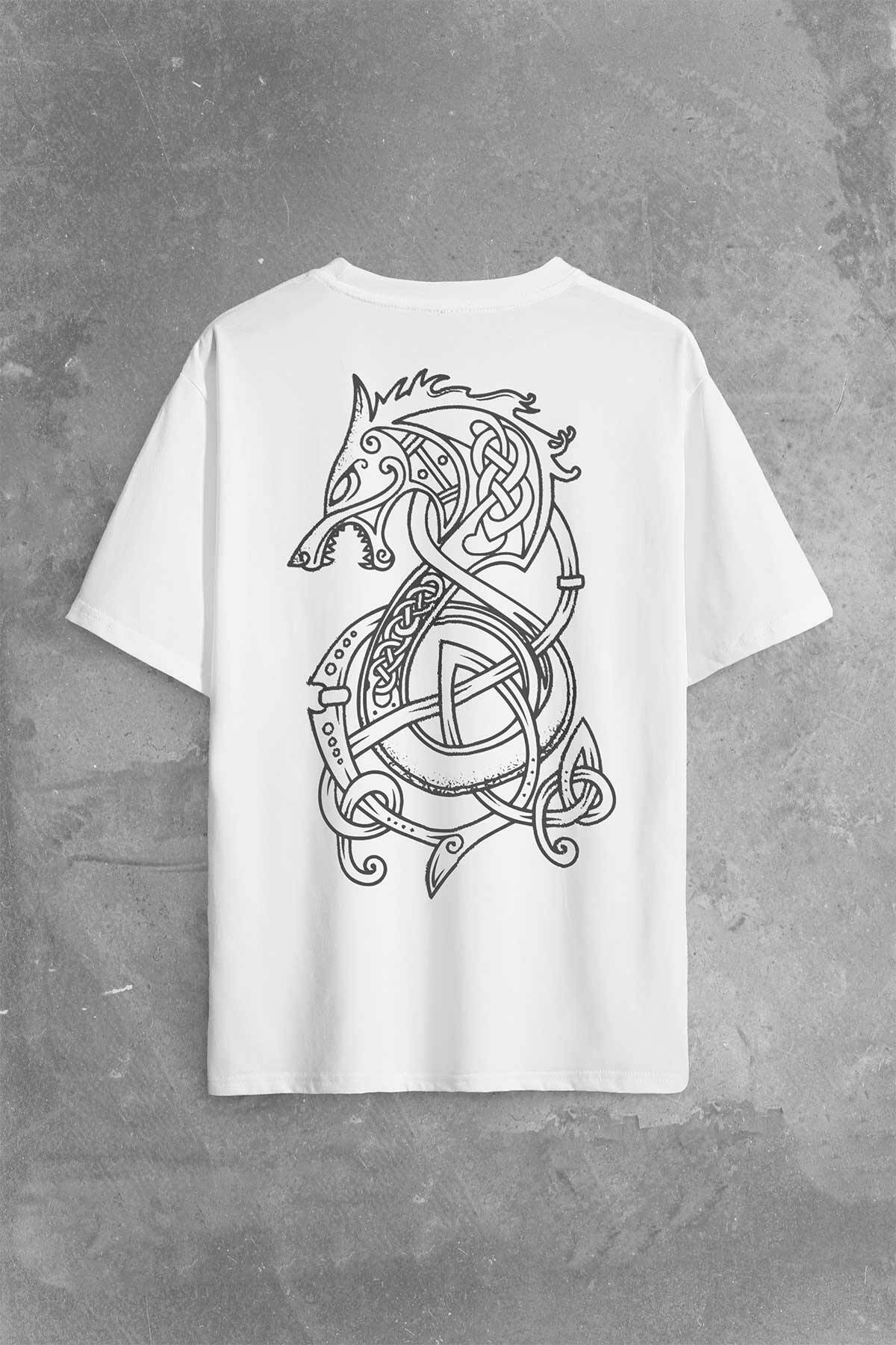 Viking Fenrir Wolf Vikings Kurt Kafa Street Urban Sırt Ön Baskılı Oversize Tişört Unisex T-Shirt - 1