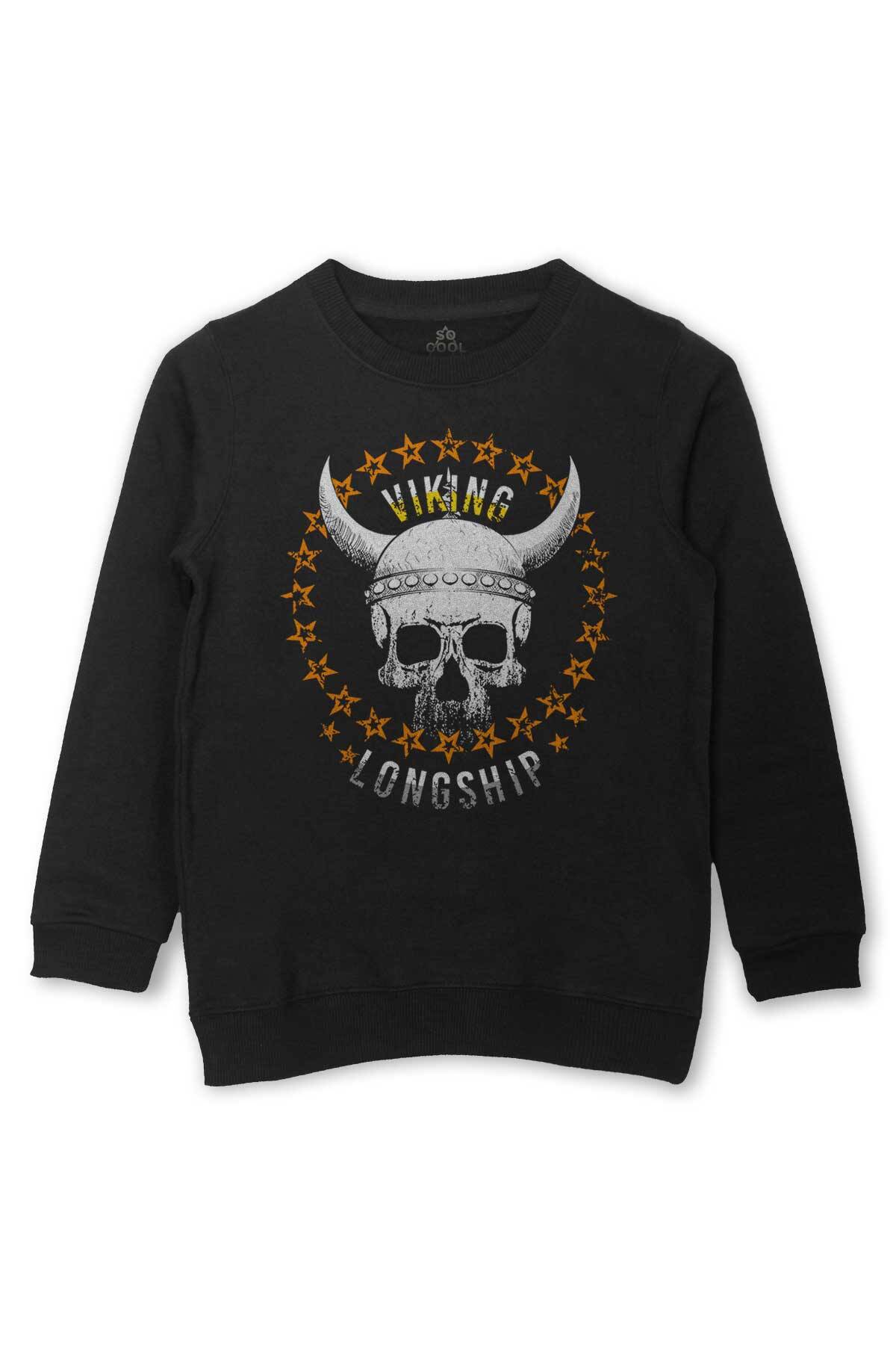 Viking Skull With Circle Of Stars Longship Kuru Kafa Baskılı Çocuk Sweatshirt Siyah Sweat - 1