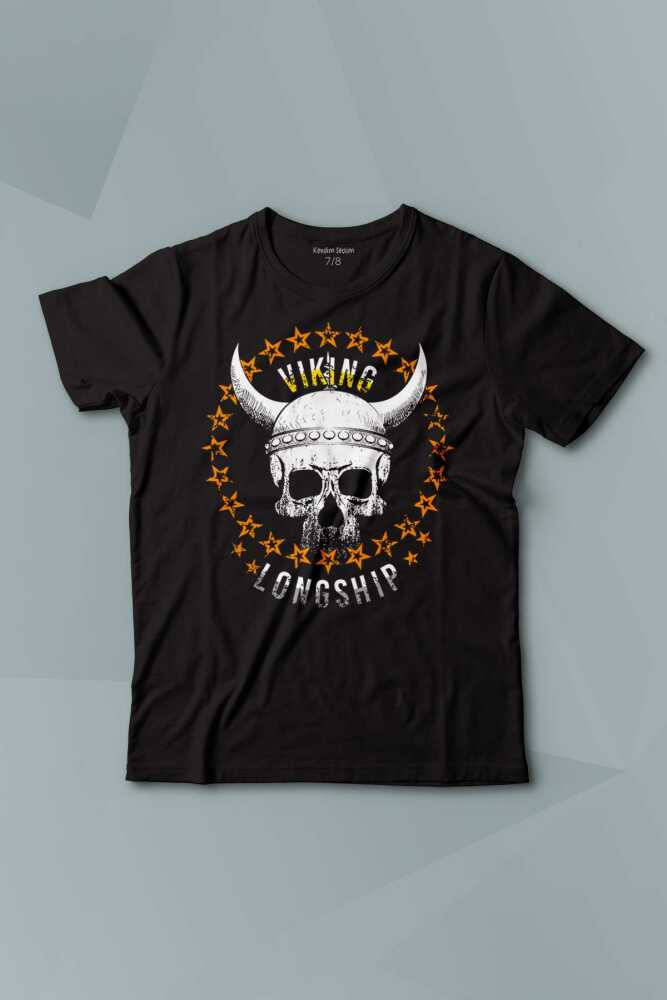 Viking Skull With Circle Of Stars Longship Kuru Kafa Baskılı Çocuk Tişört Kısa Kollu - 1