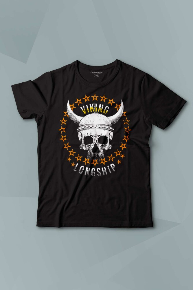 Viking Skull With Circle Of Stars Longship Kuru Kafa Baskılı Çocuk Tişört Kısa Kollu - 1