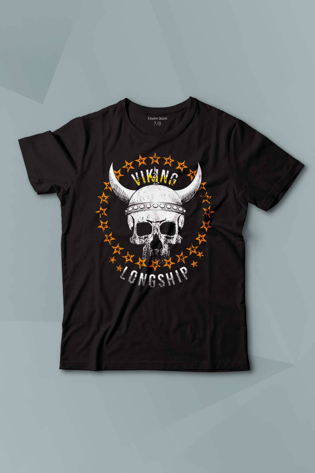 Viking Skull With Circle Of Stars Longship Kuru Kafa Baskılı Çocuk Tişört Kısa Kollu - 1