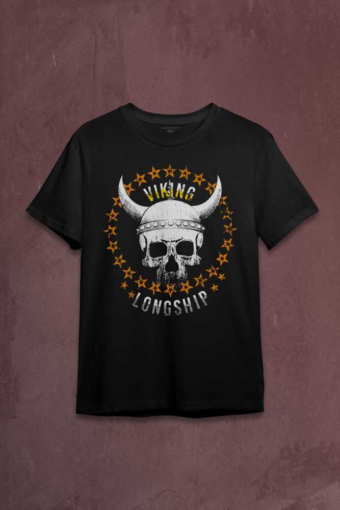 Viking Skull With Circle Of Stars Longship Kuru Kafa Baskılı Tişört Unisex T-shirt - 1