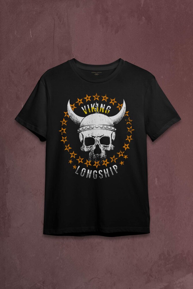 Viking Skull With Circle Of Stars Longship Kuru Kafa Baskılı Tişört Unisex T-shirt
