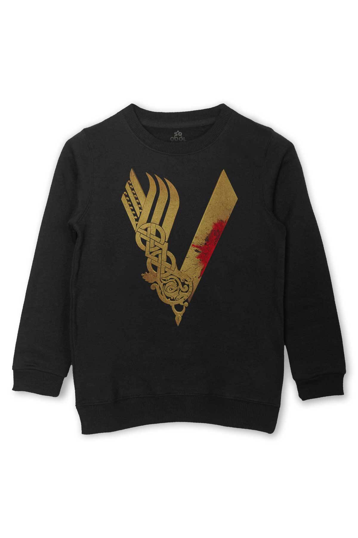 Vikingler Logo Vikings Altın Sarısı Baskılı Çocuk Sweatshirt Siyah Sweat - 1