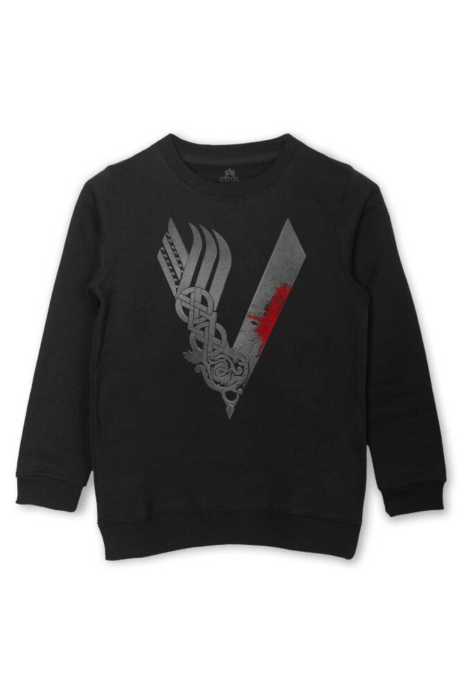 Vikingler Logo Vikings Dizi Film Baskılı Çocuk Sweatshirt Siyah Sweat - 1