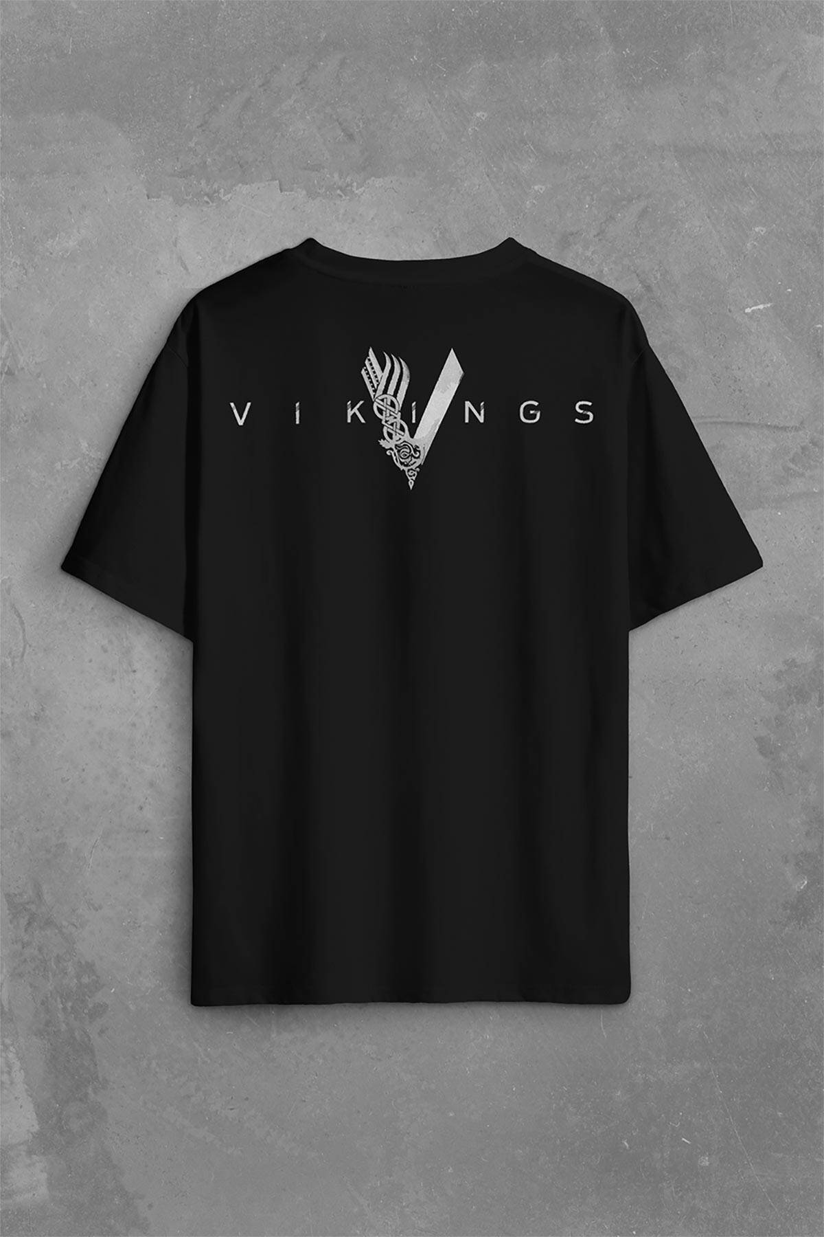 Vikings Hıstory Vikingler Logo Sırt Ön Baskılı Oversize Tişört Unisex T-Shirt - 2