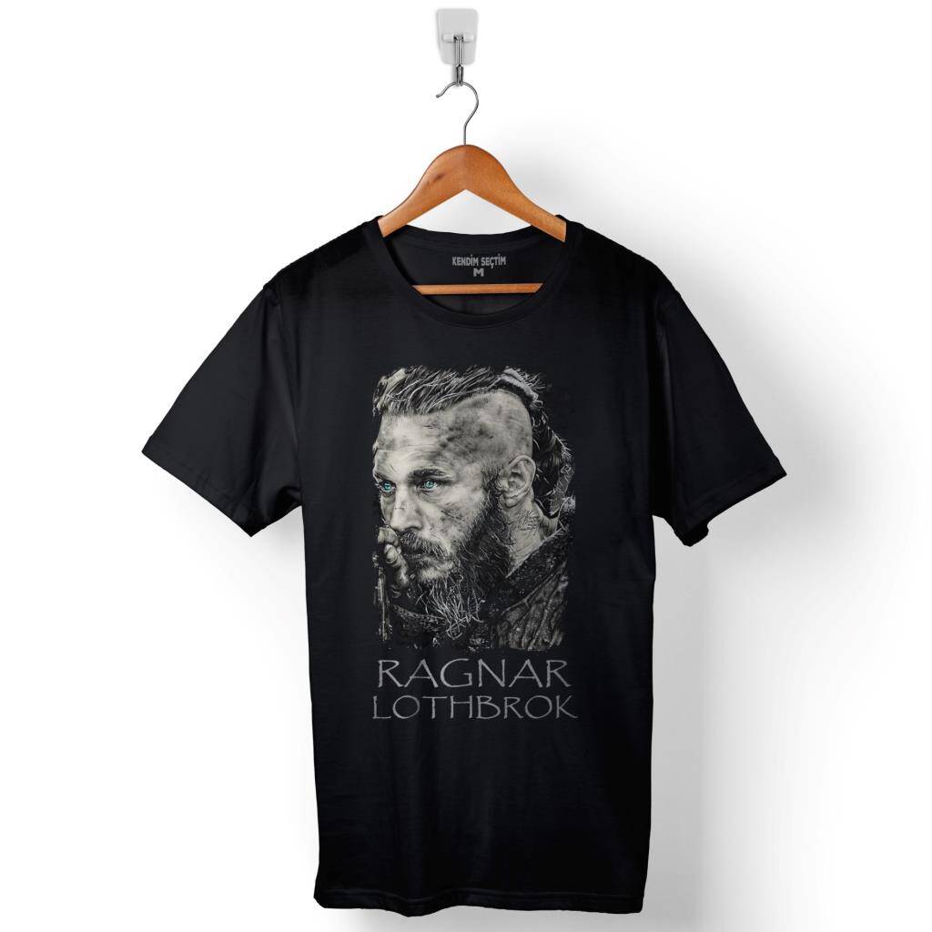Vikings Ragnar Lothbrok Logo Skull Head Vikingler Baskılı Tişört Unisex T-Shirt - 1