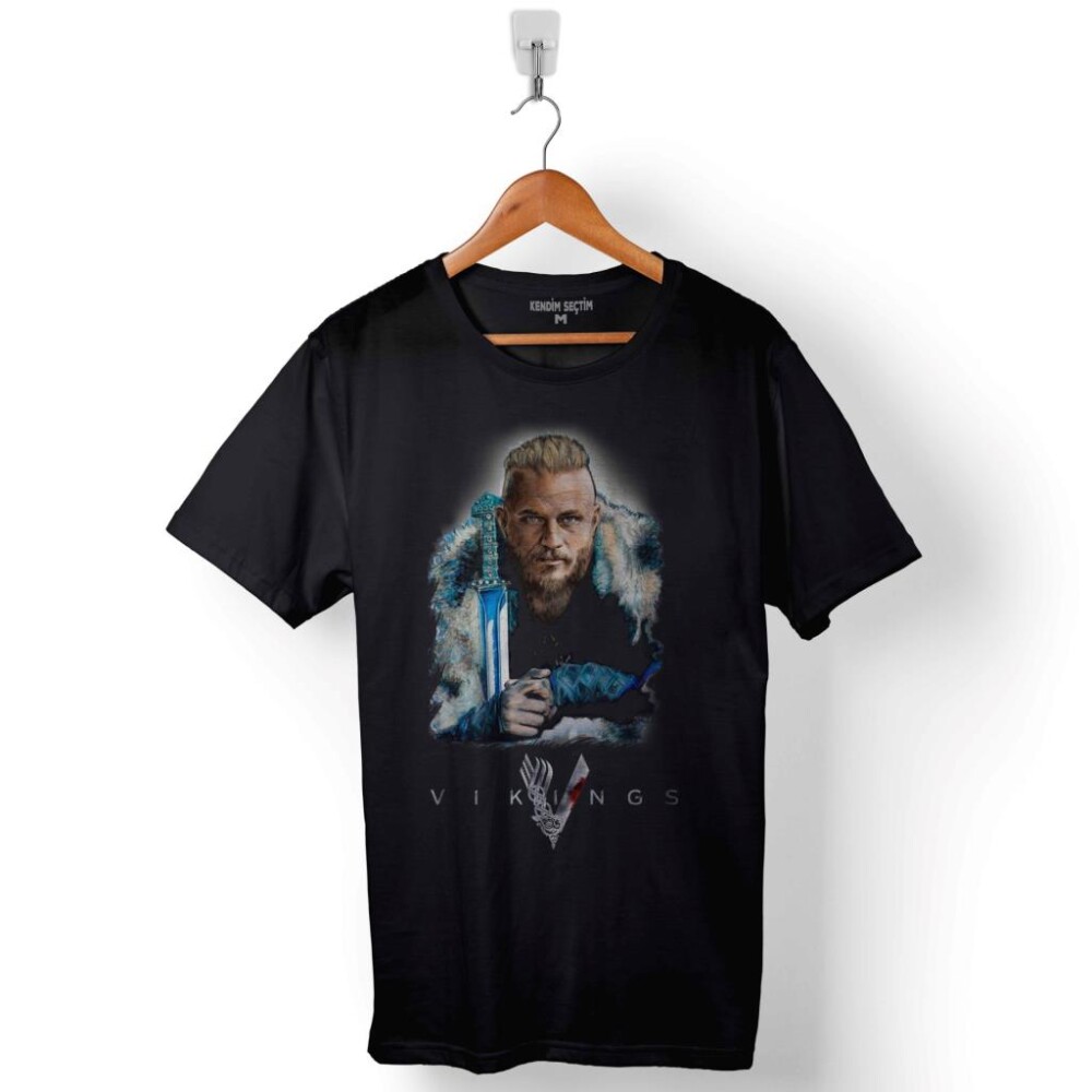 Vikings Ragnar Lothbrok Logo Skull Head Vikingler Baskılı Tişört Unisex T-Shirt - 1