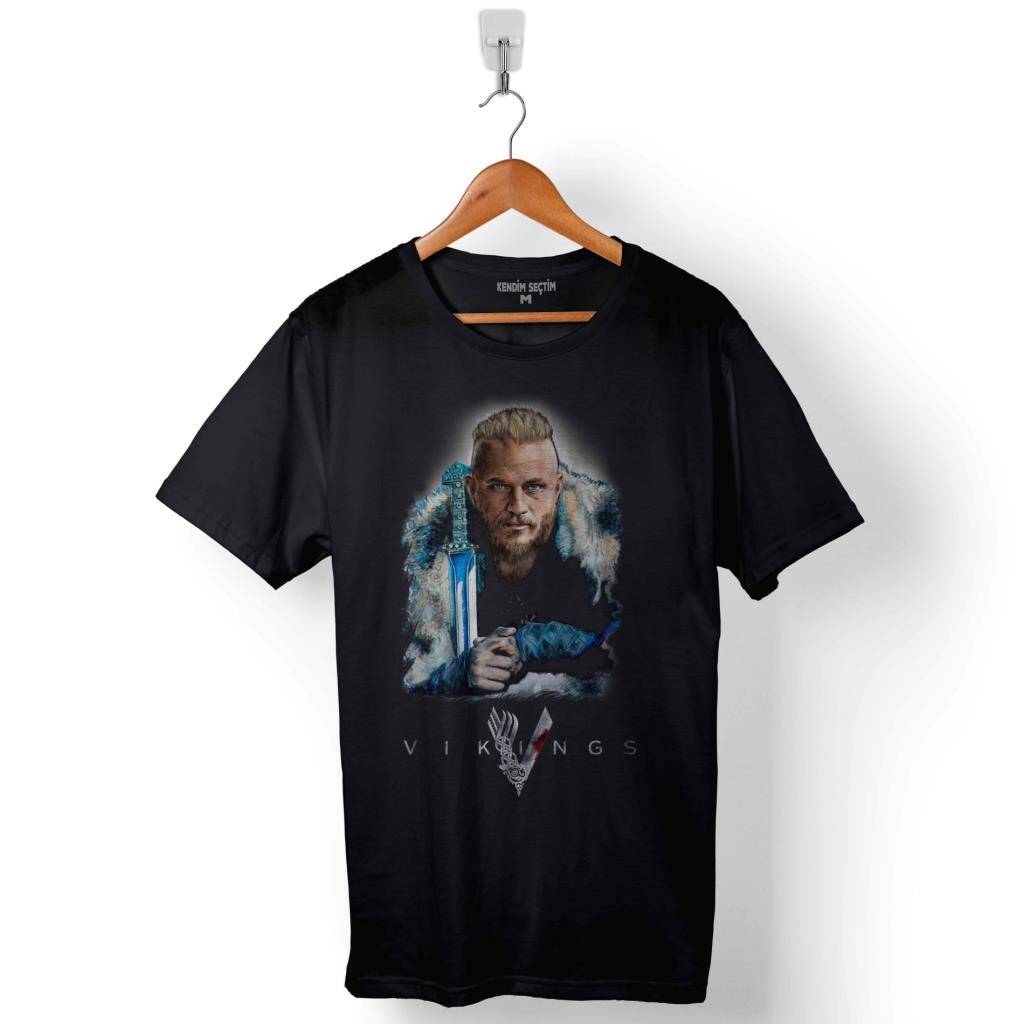 Vikings Ragnar Lothbrok Logo Skull Head Vikingler Baskılı Tişört Unisex T-Shirt - 1