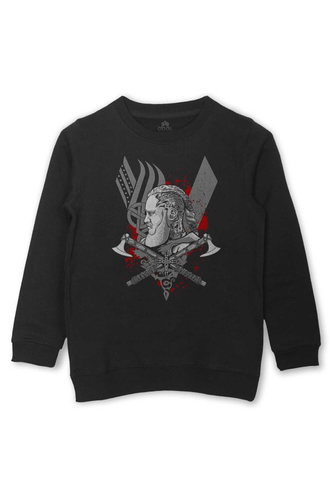 Vikings Ragnar Lothbrok Vikingler Savaşçı Baskılı Çocuk Sweatshirt Siyah Sweat - 1