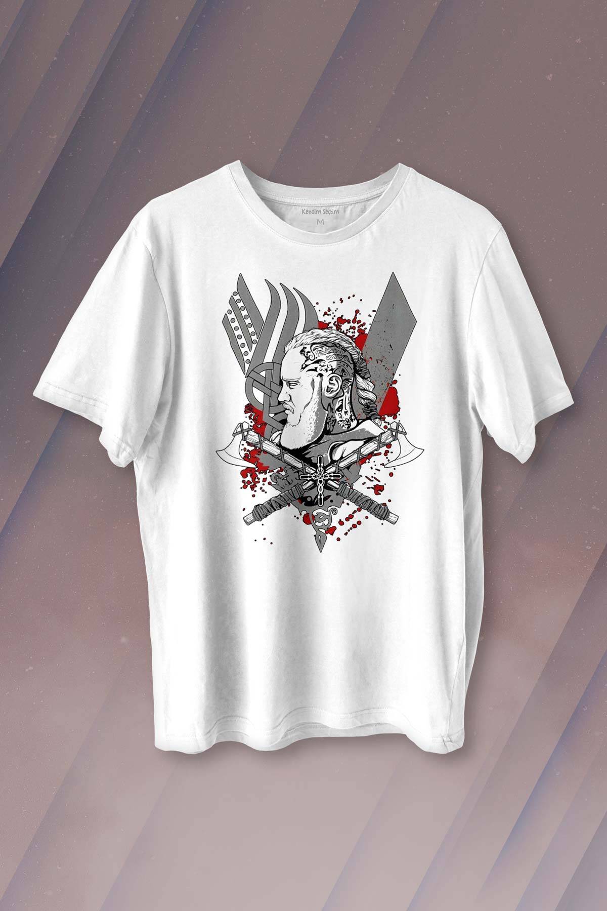 Vikings Ragnar Lothbrok Vikingler Savaşçı Baskılı Tişört Unisex T-Shirt - 1