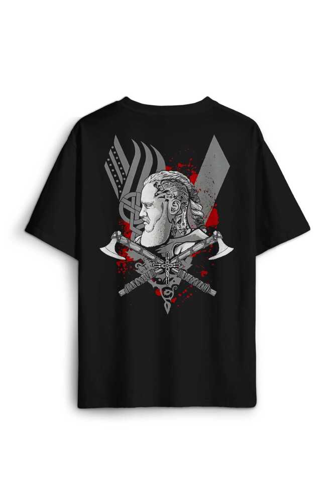 Vikings Ragnar Lothbrok Vikingler Savaşçı Sırt Ön Baskılı Oversize Tişört Unisex T-Shirt - 1