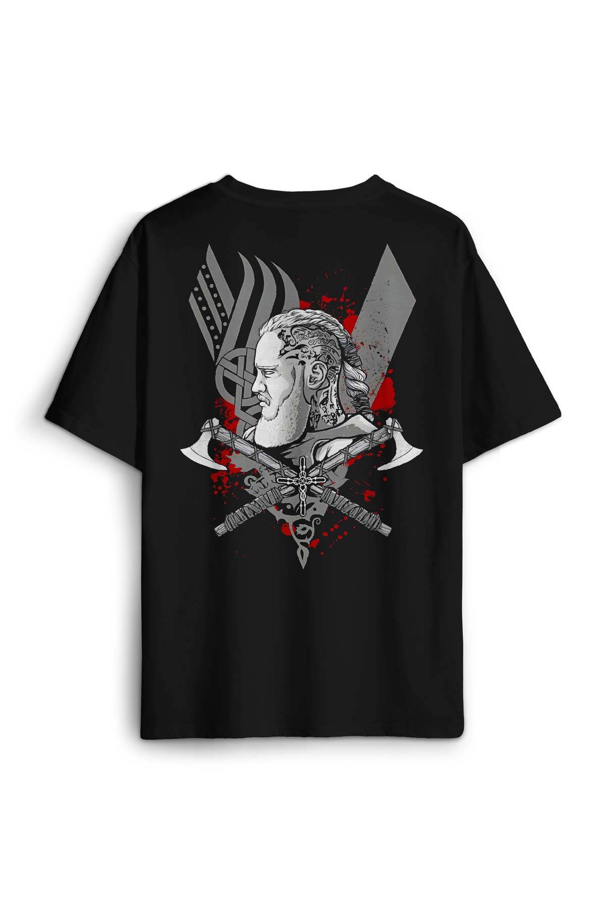 Vikings Ragnar Lothbrok Vikingler Savaşçı Sırt Ön Baskılı Oversize Tişört Unisex T-Shirt - 1