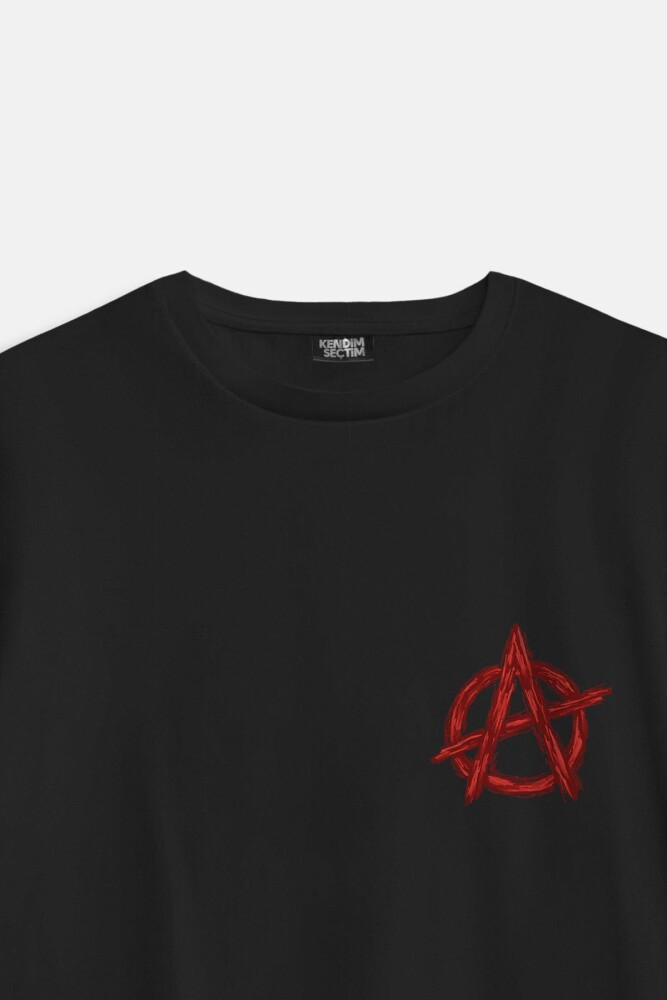 Vintage Logo Anarchy Symbol Anarşi Minimal Baskılı Siyah Oversize T-Shirt - 2