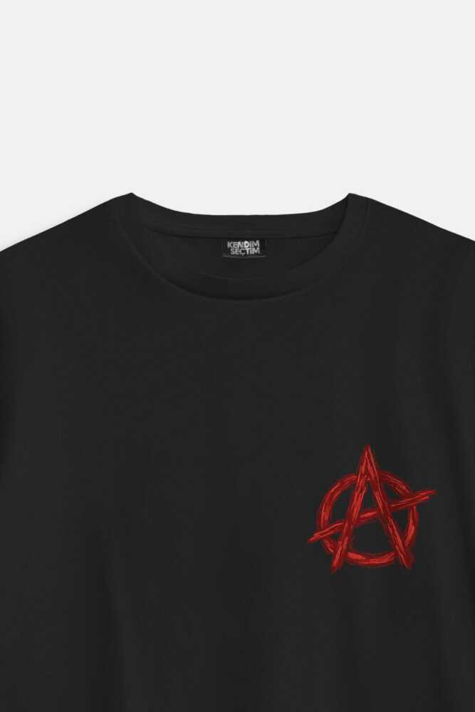 Vintage Logo Anarchy Symbol Anarşi Minimal Baskılı Siyah Oversize T-Shirt (1)