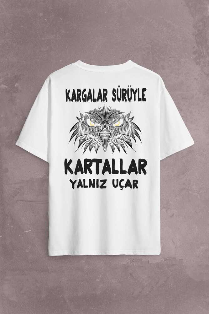 White Oversize T-shirt Eagle Kartallar Yalnız Uçar Sırt Ön Baskılı Tişört Unisex T-Shirt - 1