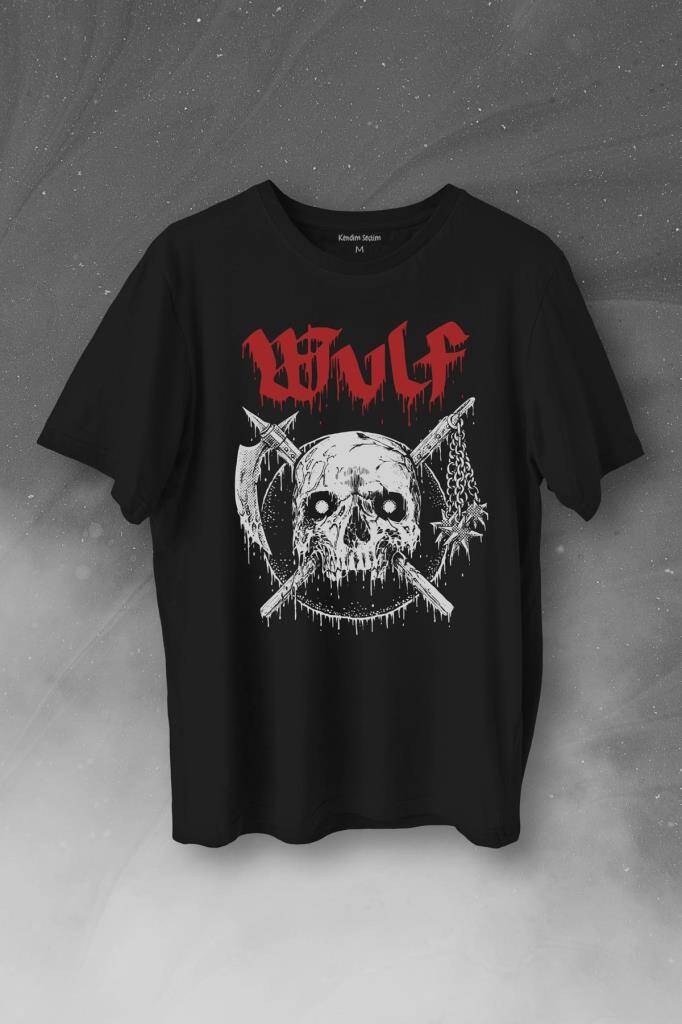Wulf Metal Rock Band Skull Kuru Kafa Urban Gothic Baskılı Tişört Unisex T-Shirt - 1