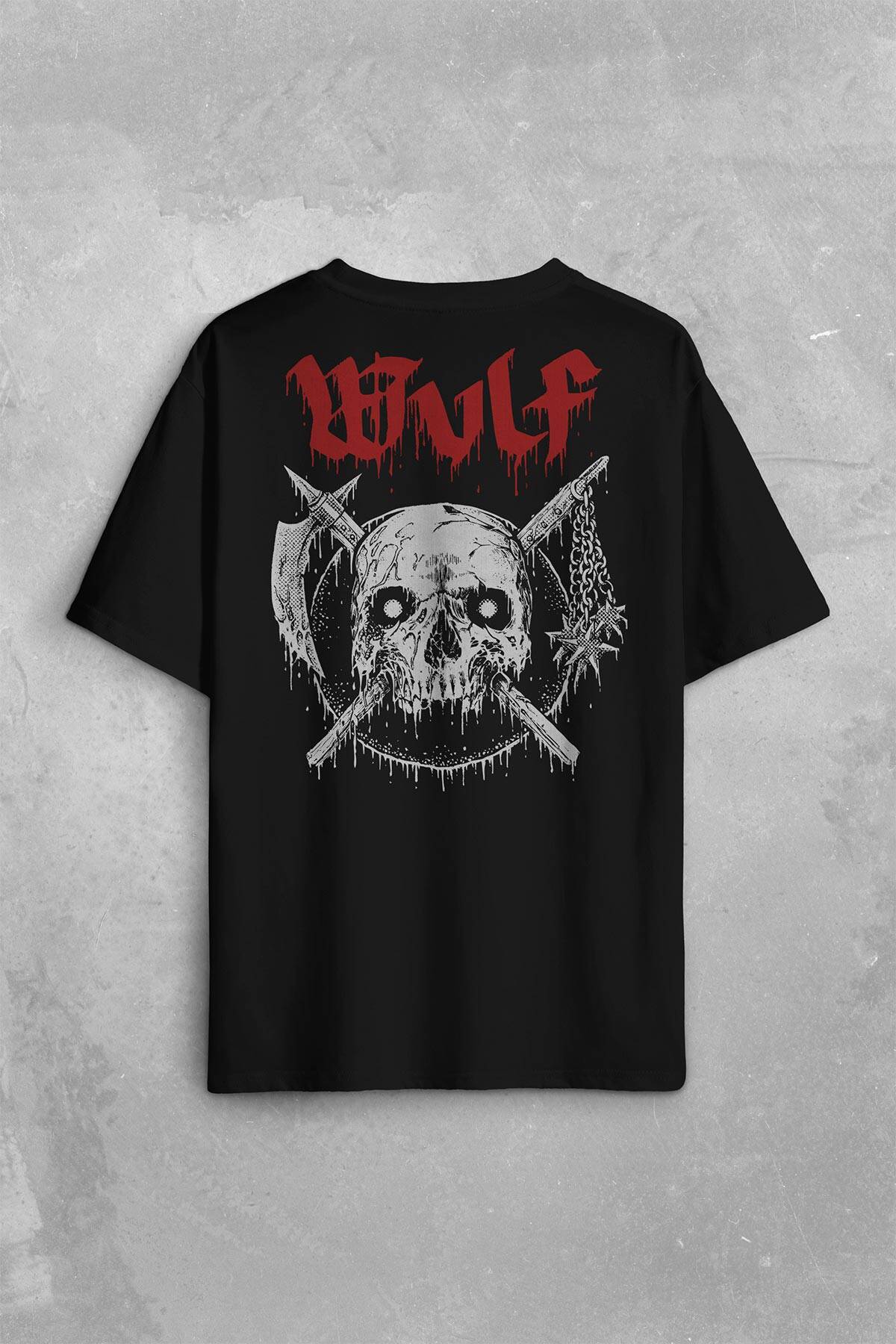 Wulf Metal Rock Band Skull Kuru Kafa Urban Gothic Sırt Ön Baskılı Oversize Tişört Unisex T-Shirt - 1